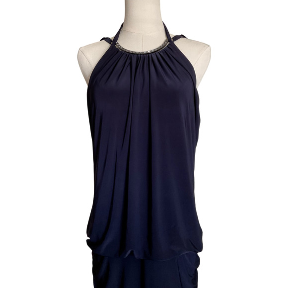 Cach'e Women's 8 Navy Blue Dress Halter Bodycon Ruched Metal Necklace - Picture 9 of 13